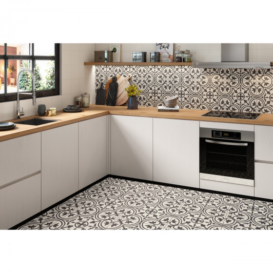 Salisbury Black Flower On White Ceramic Floor and Wall Tile 200x200mm